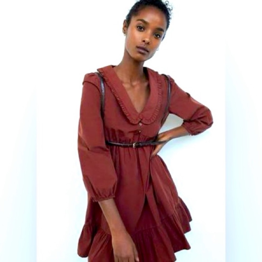 ZARA Women’s Long Sleeve Baby Doll Burgundy /Deep Brown Dress Size XS